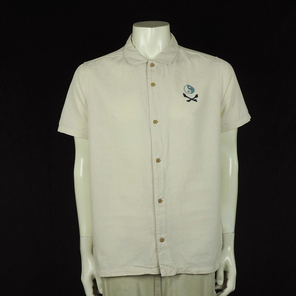 Roark Gonzo Button Down Shirt Mens Large Beige Yin & Yang Linen Blend Kampai